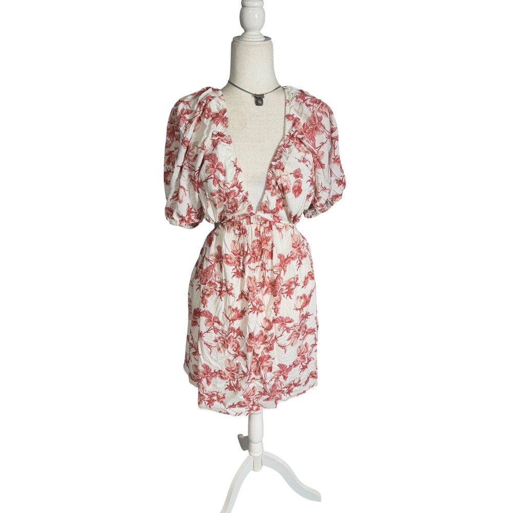 Bardot Floral Open Back Mini Dress Puff Sleeve Cutout White Pink Women's US 12